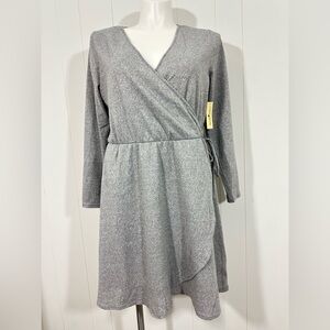 NWT Derek Heart Plus Sz 2X Gray Faux Wrap Knit Sweater Dress Long Sleeve